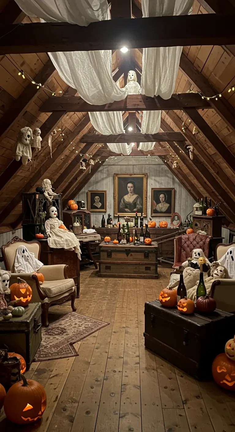 Grenier hanté décoré pour Halloween avec de vieilles poupées et des citrouilles.