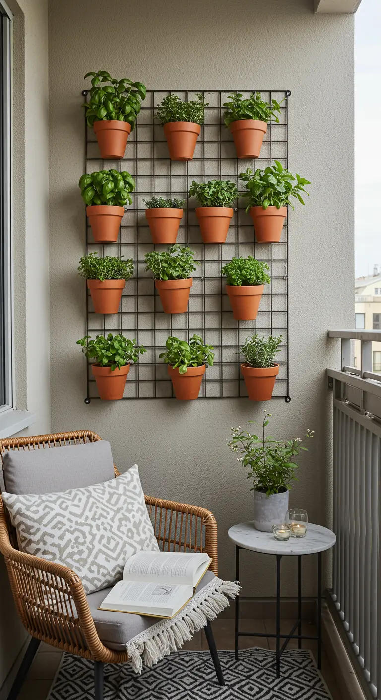 Grille murale noire avec des pots en terre cuite contenant diverses herbes aromatiques.