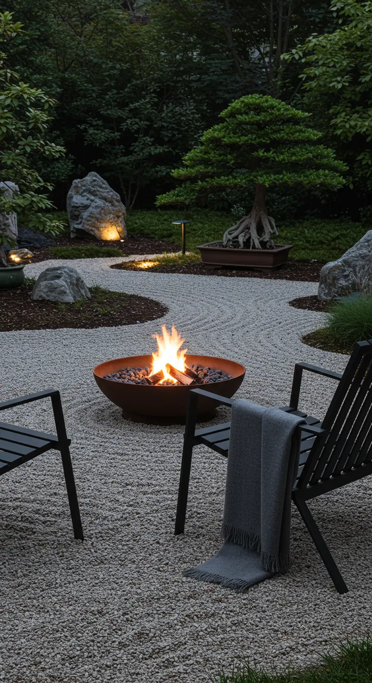 Jardin zen avec brasero en métal, fauteuils Adirondack noirs et graviers ratissés