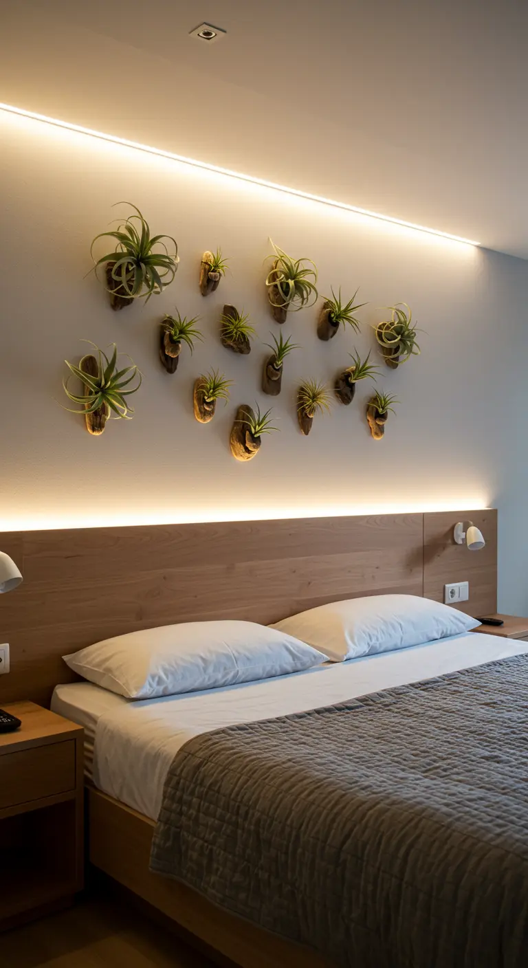 Tête de lit en bois éclairée par un ruban LED, avec des plantes aériennes au mur.