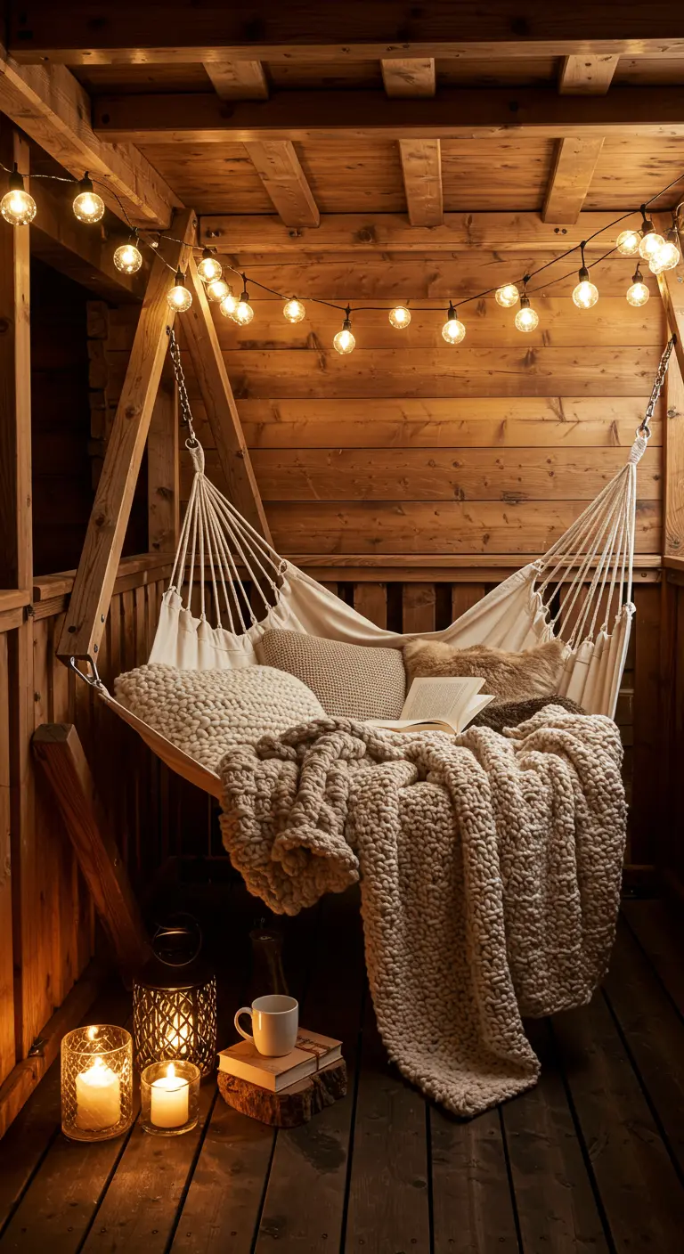 Hamac en toile rempli de coussins et plaids, éclairé par des guirlandes lumineuses sur un balcon.