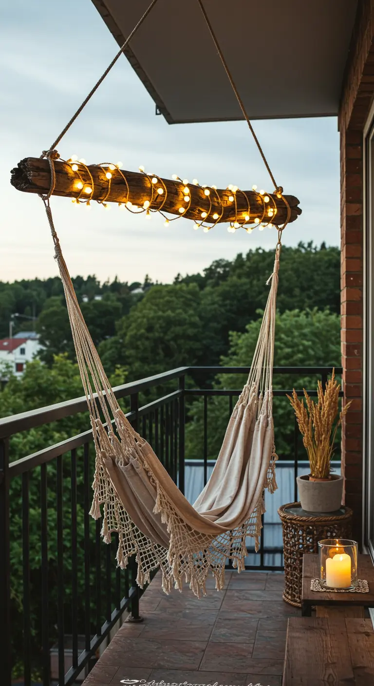 Hamac en macramé suspendu sur un balcon, avec une guirlande enroulée autour de sa barre en bois.