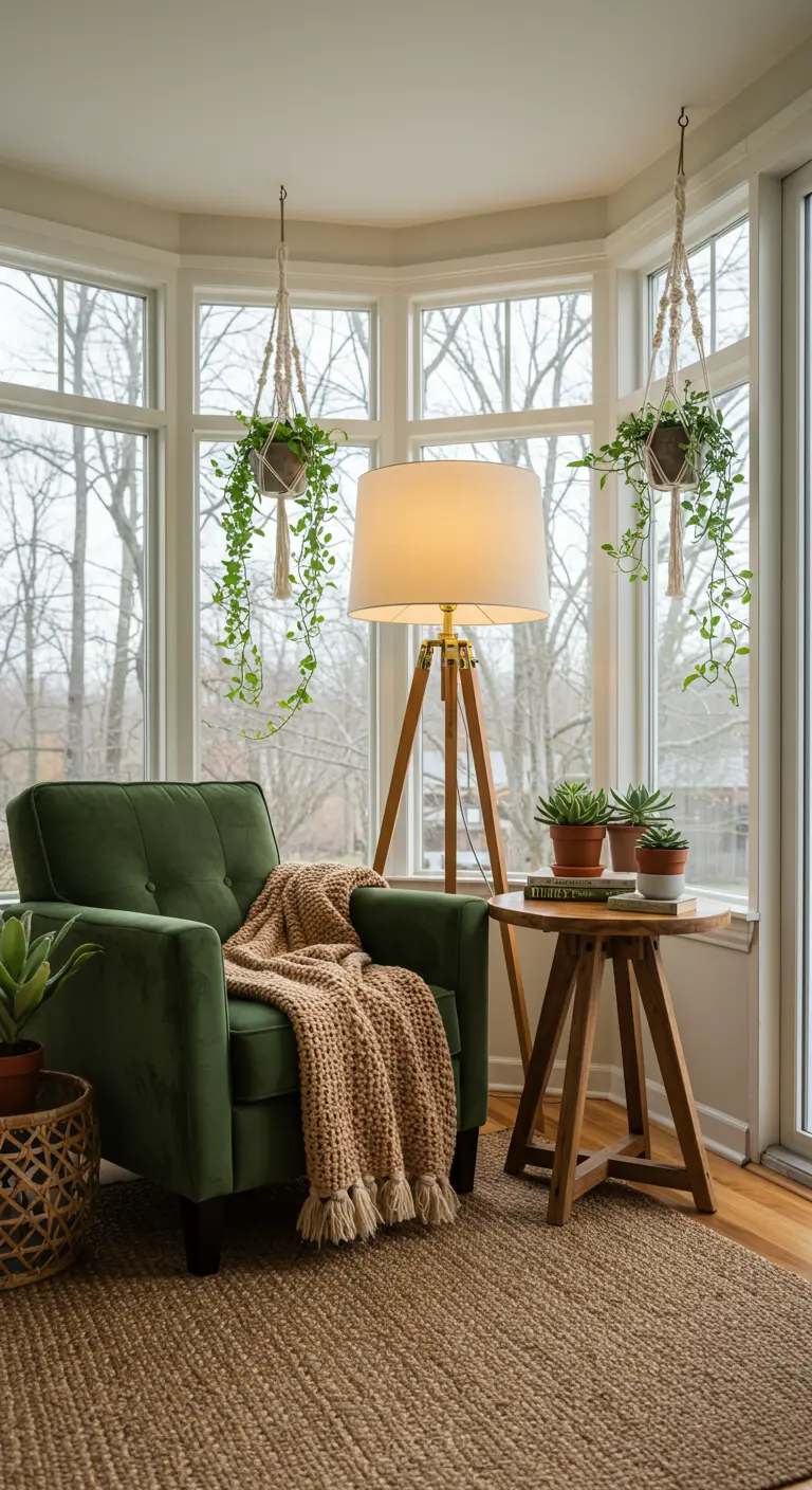Fauteuil vert, plaid crème, lampe trépied, table bois, plantes suspendues macramé, tapis jute.
