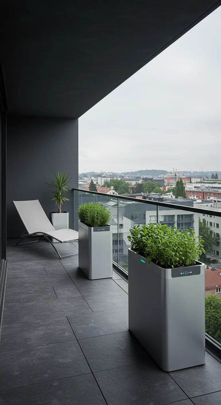 Balcon moderne avec jardinières connectées grises contenant des herbes et une chaise longue.