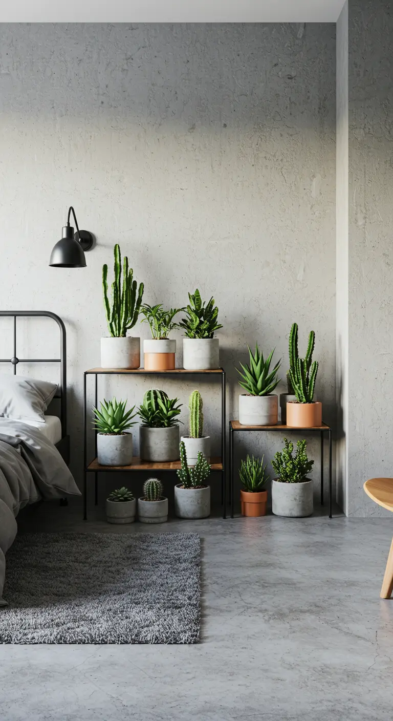Collection de cactus et de plantes grasses sur une étagère devant un mur en béton.