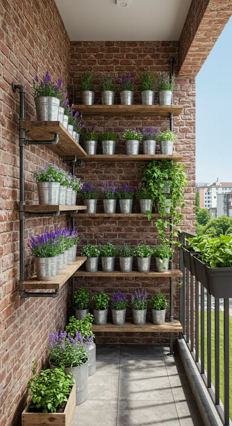 Étagères de style industriel avec des pots de lavande sur un mur de briques.