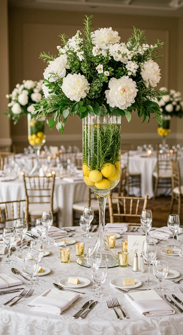 Grand bouquet de pivoines blanches dans un vase rempli de citrons et de romarin.