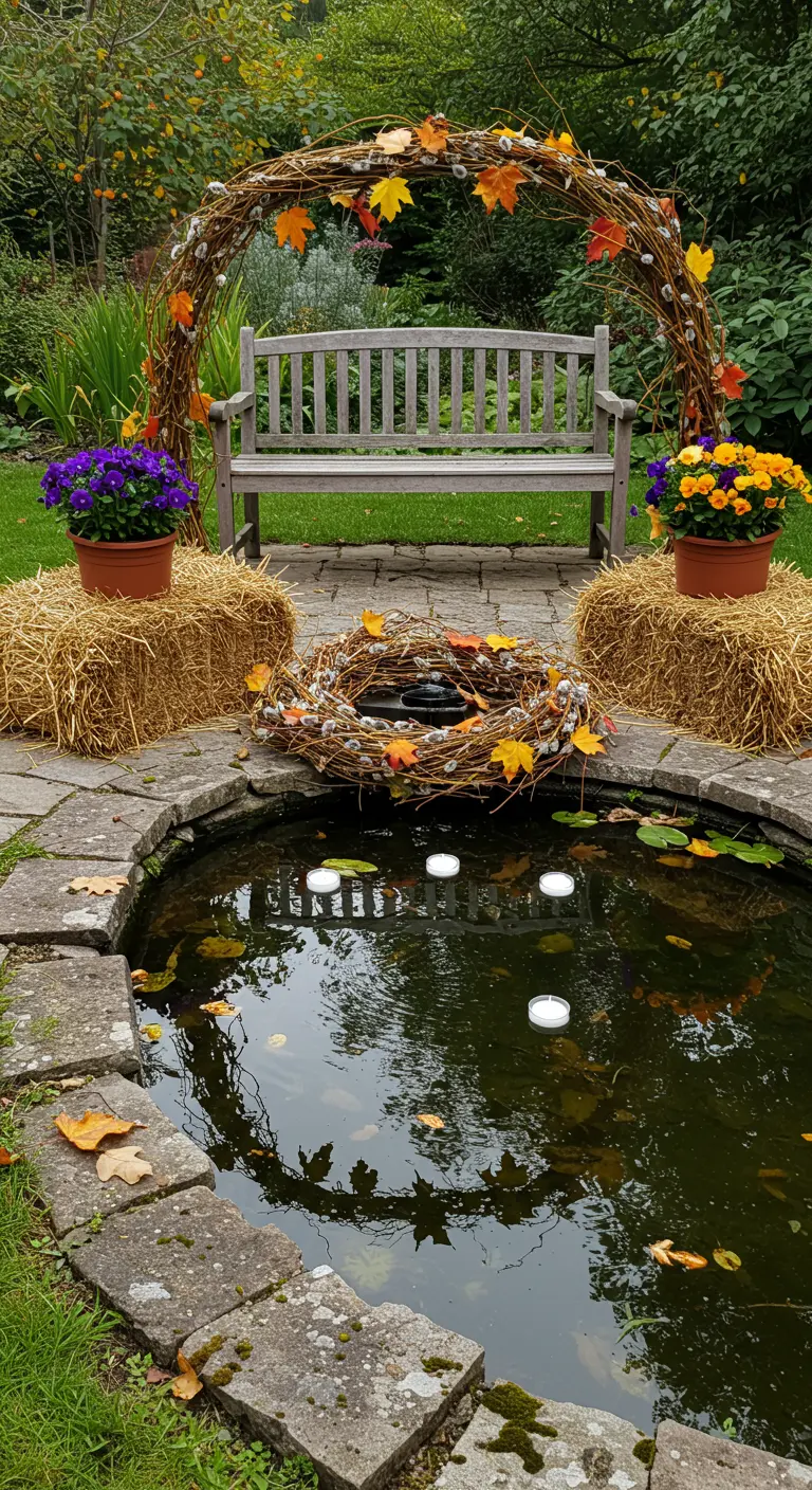 Bassin d'eau dans un jardin automnal avec une arche en branchages, bottes de paille, pots de fleurs et une couronne flottante avec bougies.