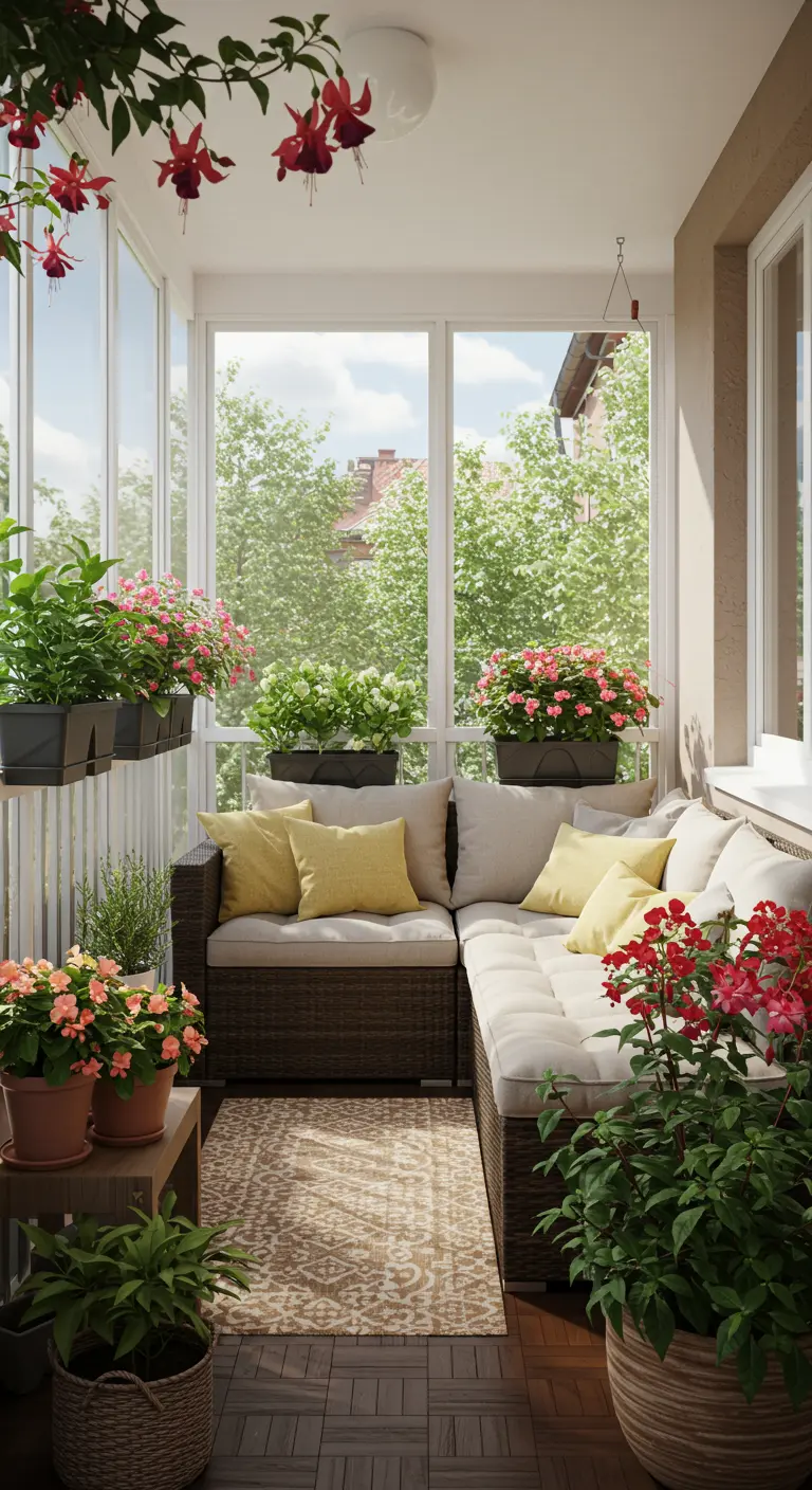 Balcon fermé (loggia) avec un canapé confortable et de nombreuses plantes en pot.