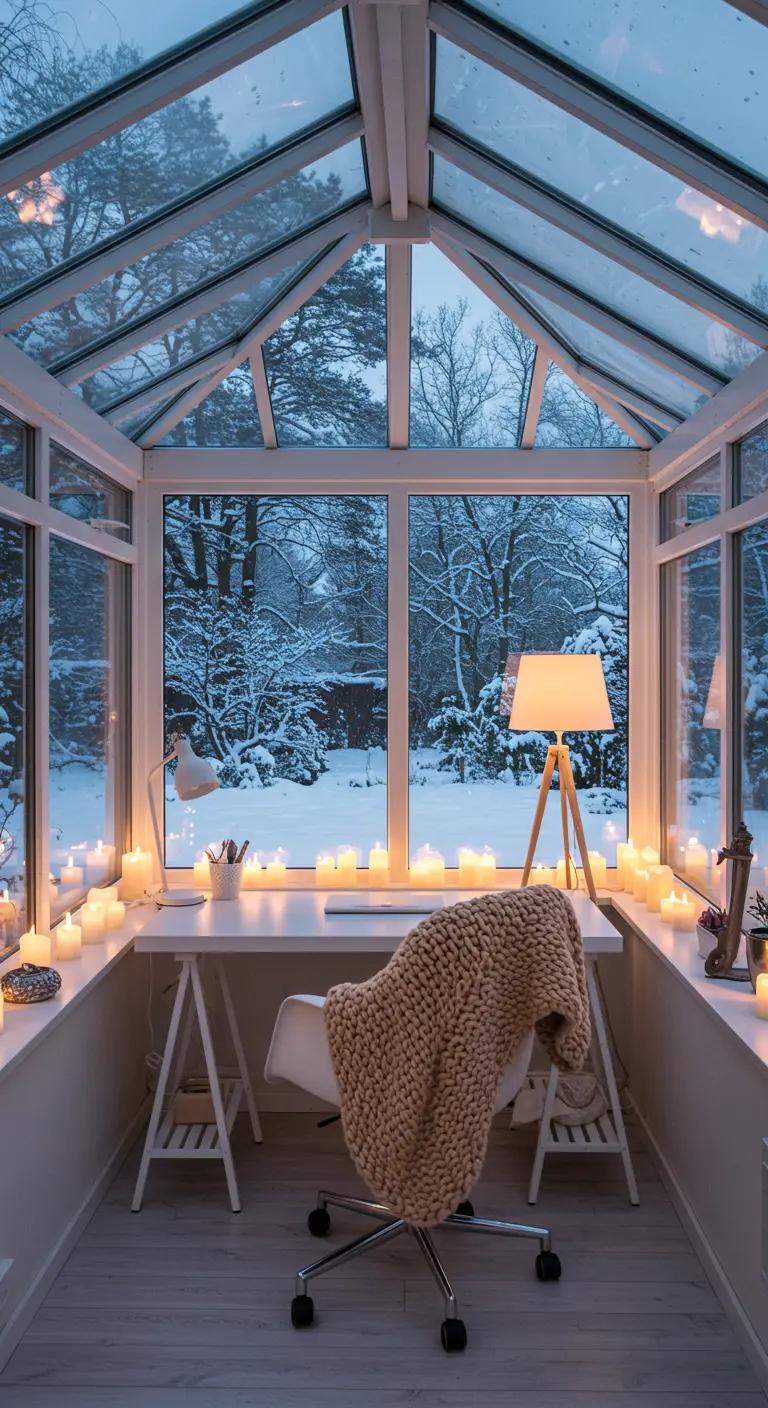 Bureau dans une véranda enneigée, illuminé par des dizaines de bougies sur les rebords de fenêtre.