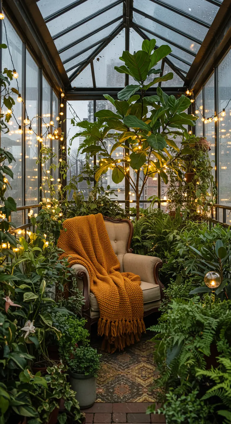 Fauteuil dans une serre luxuriante, illuminée par des guirlandes.