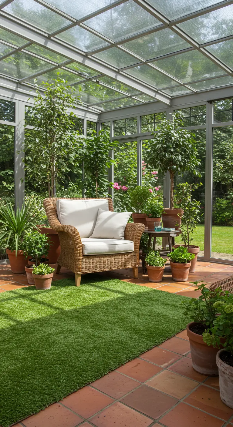 Véranda avec fauteuil en osier, plantes en pot et tapis de gazon synthétique.