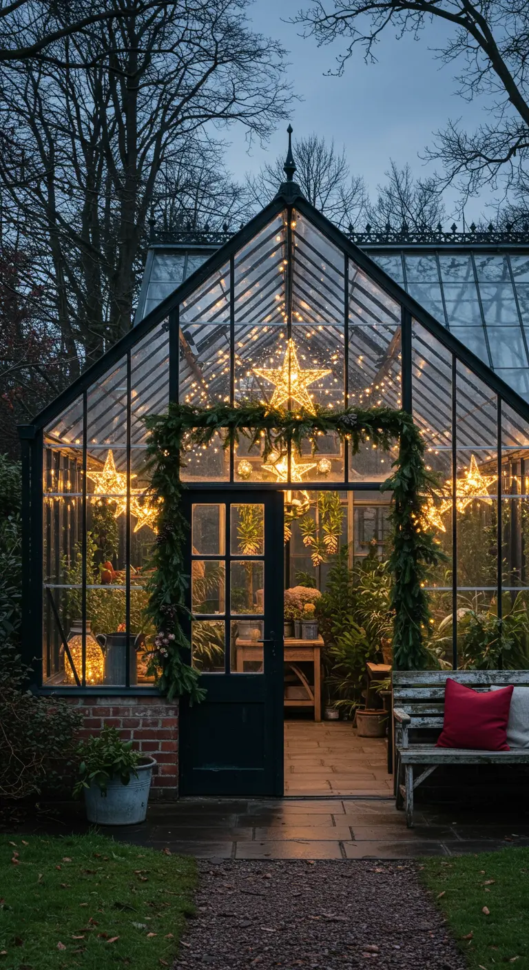 Serre en verre illuminée de l'intérieur avec des guirlandes et de grandes étoiles.