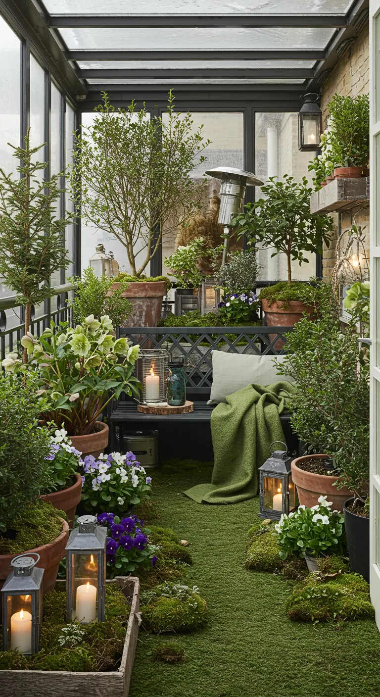 Balcon luxuriant avec gazon artificiel, plantes en pots et banc.
