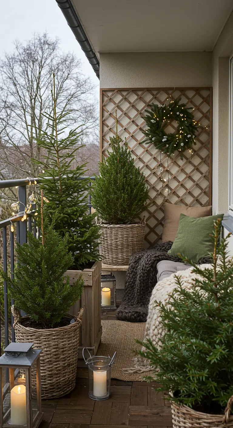 Balcon citadin avec treillis en bois, sapins en pots tressés, plaid et lanternes.