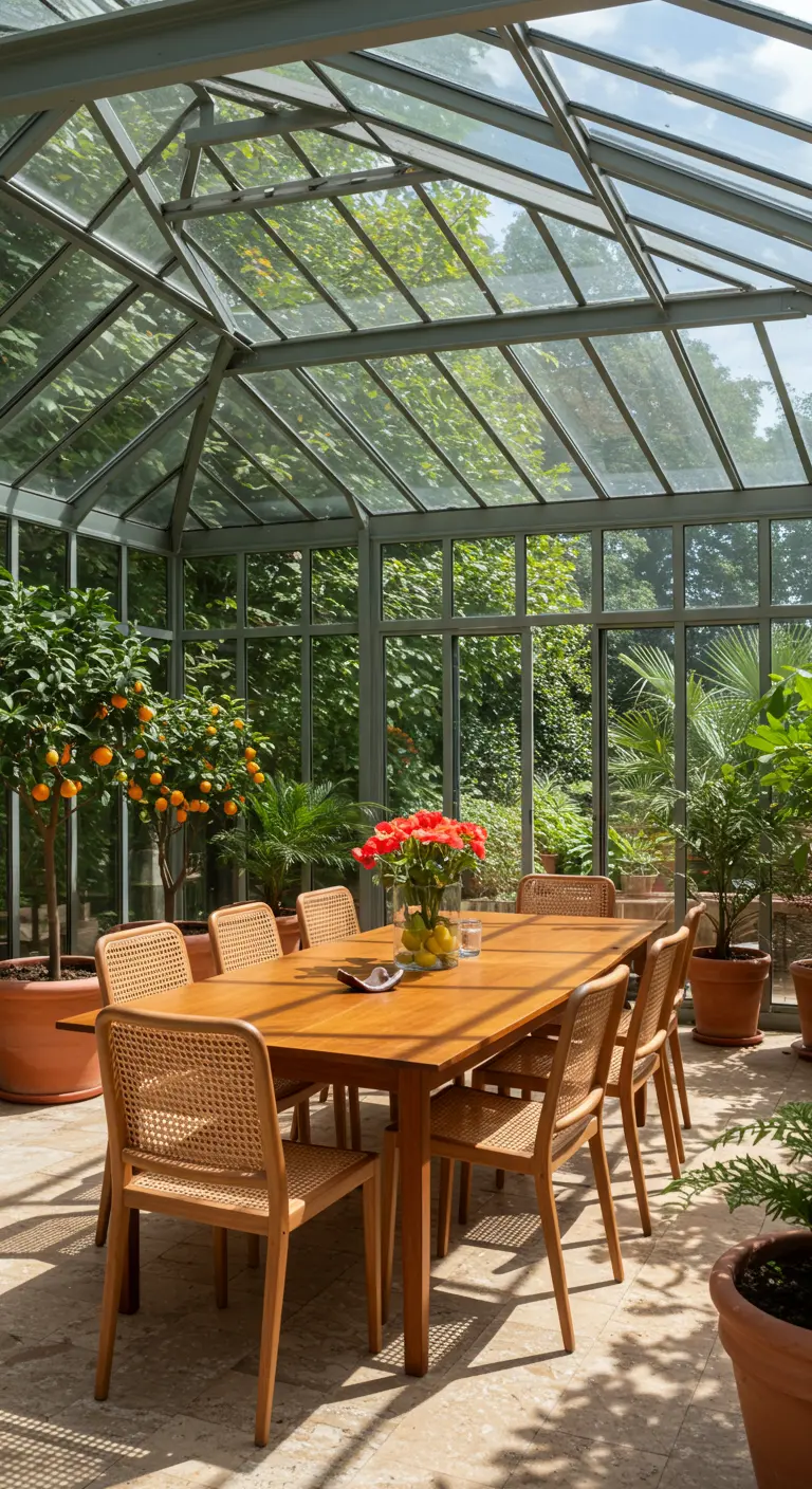 Salle à manger dans une serre lumineuse, entourée d'orangers et de plantes en pot.