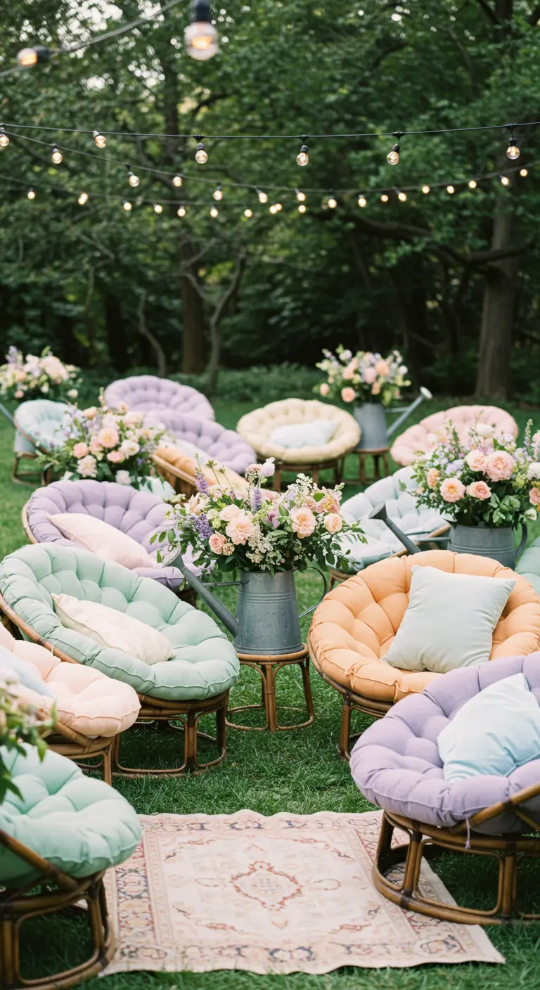 Nombreux fauteuils papasan aux coussins pastel dans un jardin fleuri avec arrosoirs fleuris.