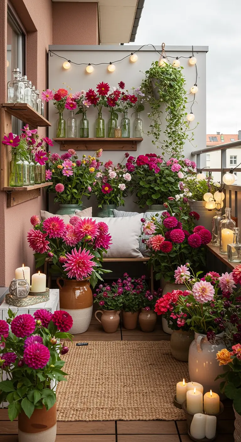 Balcon abondamment fleuri de dahlias roses et rouges dans divers pots et vases.