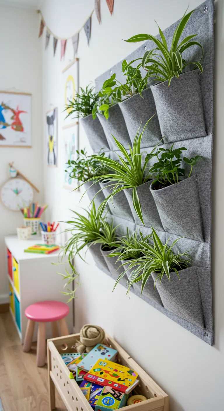 Une grande jardinière murale en feutre gris avec de multiples poches remplies de plantes araignées.
