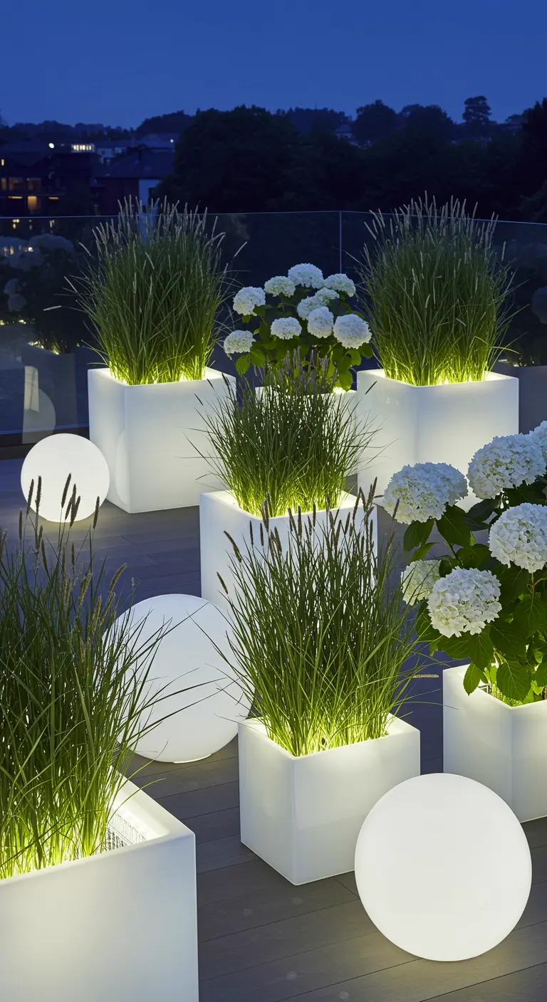 Jardinières cubiques blanches illuminées avec des graminées et des hortensias.
