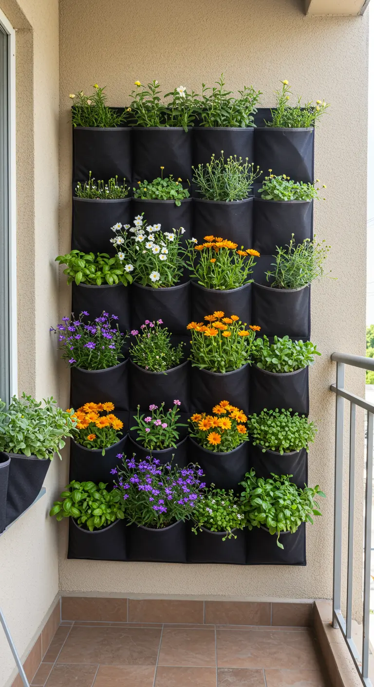 Organisateur de chaussures en tissu noir réutilisé comme jardinière verticale pour des fleurs.