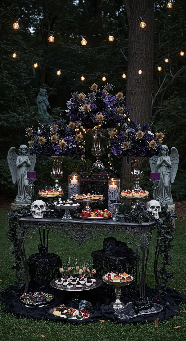 Buffet Halloween gothique en extérieur, statues d'anges, fleurs violettes, crânes.