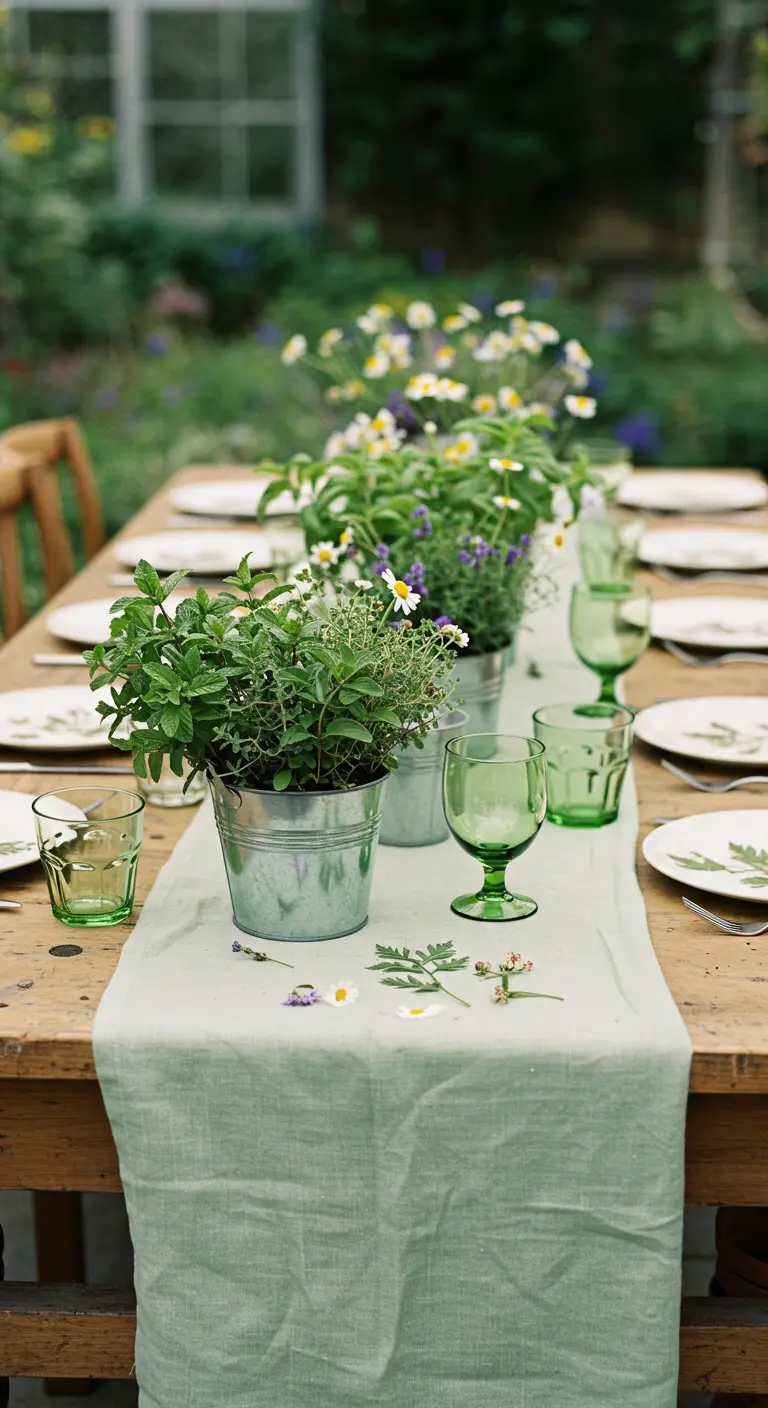 Table de jardin avec chemin de table vert d'eau, pots d'herbes aromatiques et verres verts.