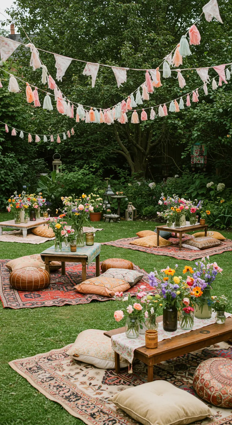 Jardin décoré de tapis, coussins, tables basses et guirlandes de fanions en tissu, avec des bouquets colorés.