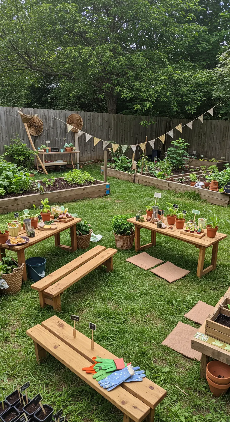 Fête d'anniversaire dans un jardin potager avec tables en bois et outils de jardinage.