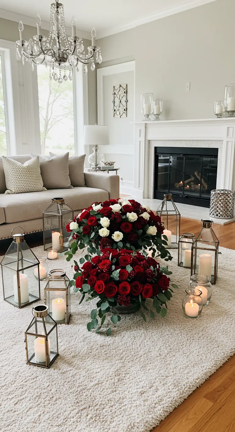 Compositions florales de roses au sol, entourées de lanternes dans un salon.