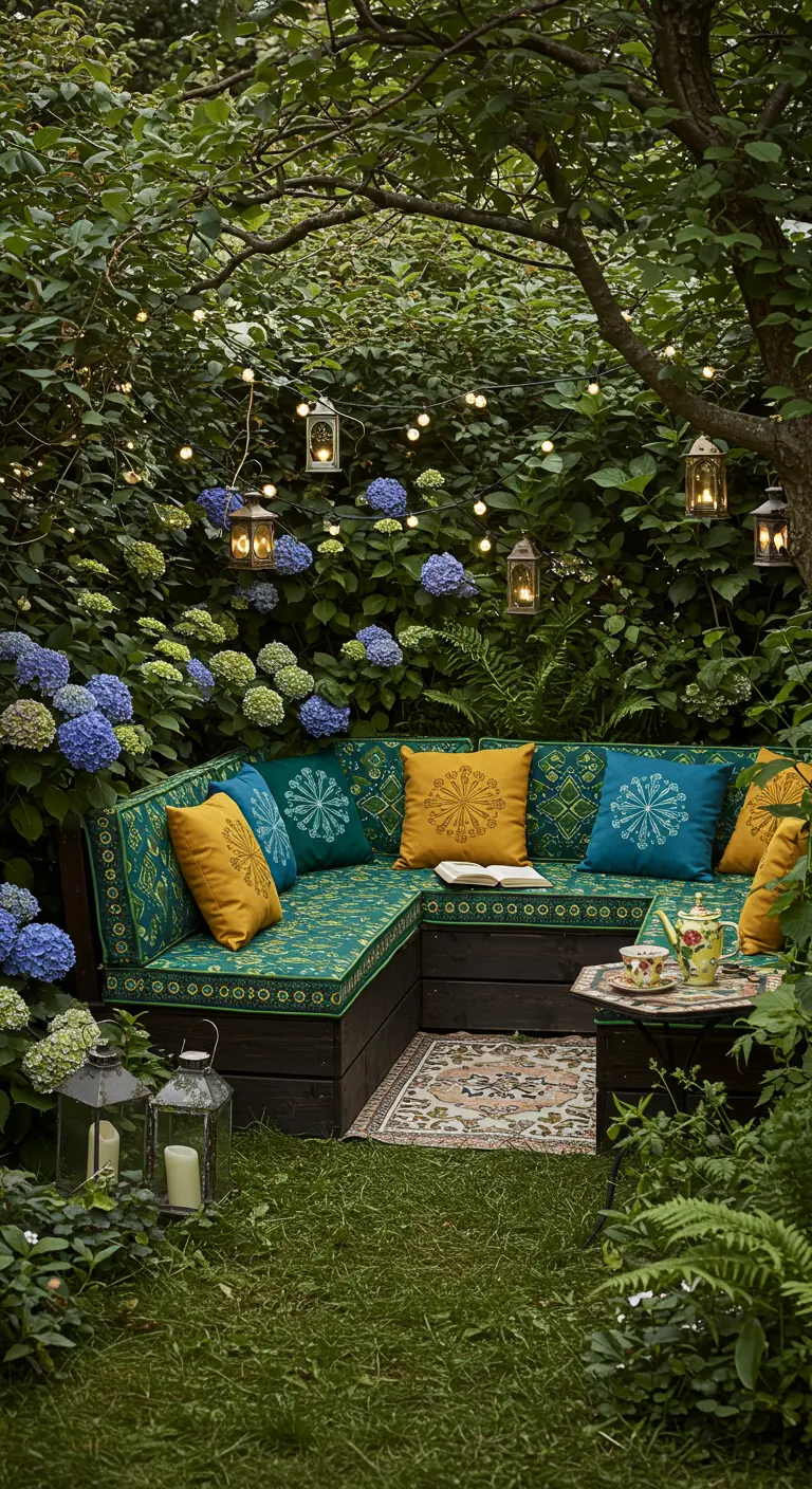 Banquette en bois sombre dans jardin luxuriant, coussins colorés et lanternes suspendues.