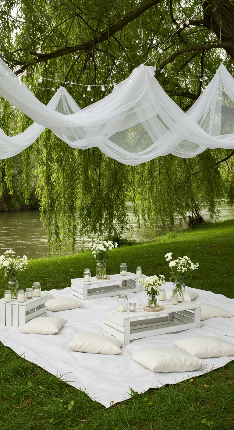 Jardin avec voilages blancs suspendus, tables basses en caisses blanches, coussins et fleurs.