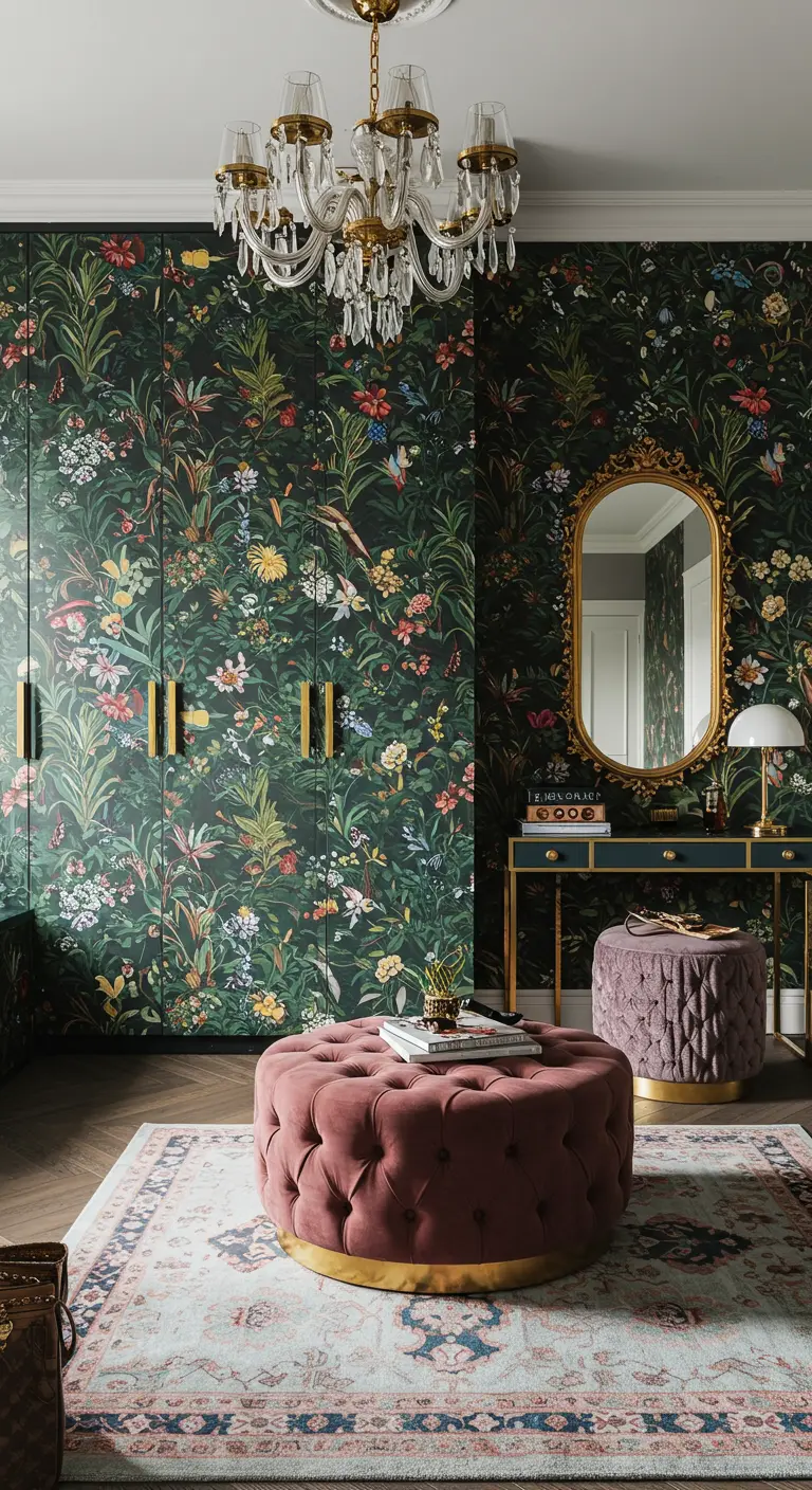 Dressing entièrement recouvert d'un papier peint floral luxuriant sur fond sombre.