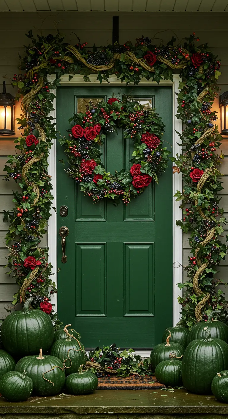 Porte verte avec une couronne et une guirlande de roses rouges et de baies.