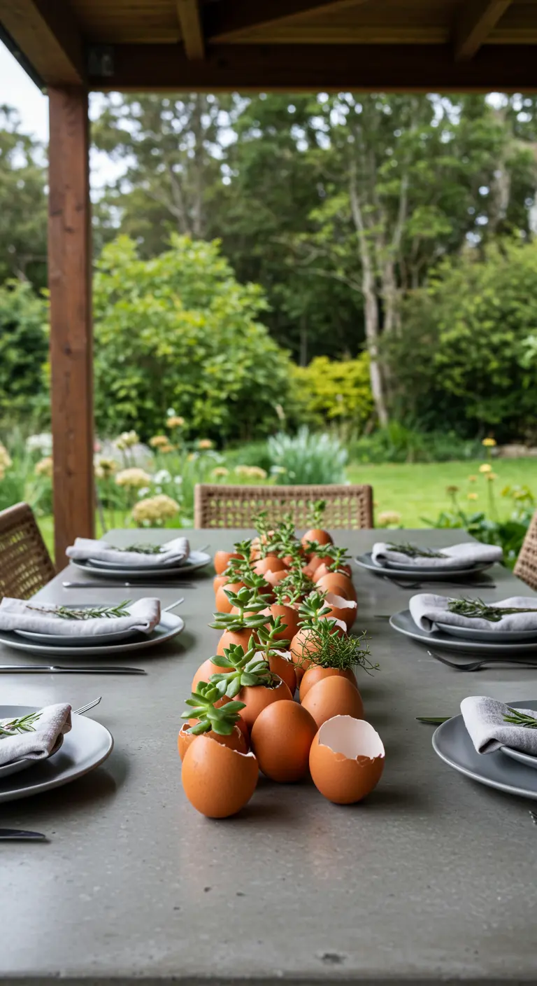 Mini-succulentes plantées dans des coquilles d'œufs alignées sur une table en béton.