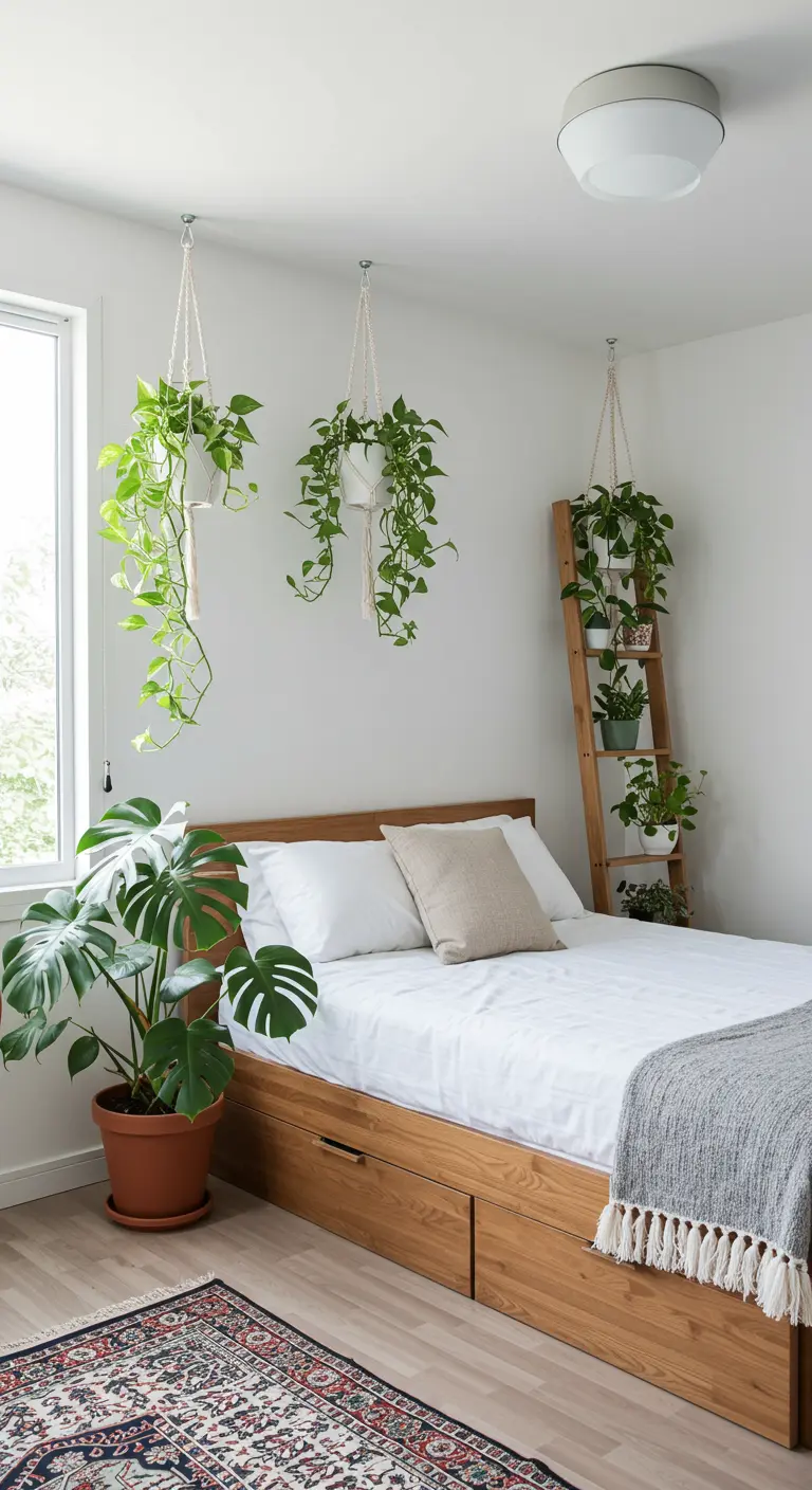 Plantes suspendues en macramé au-dessus d'un lit en bois et échelle porte-plantes.