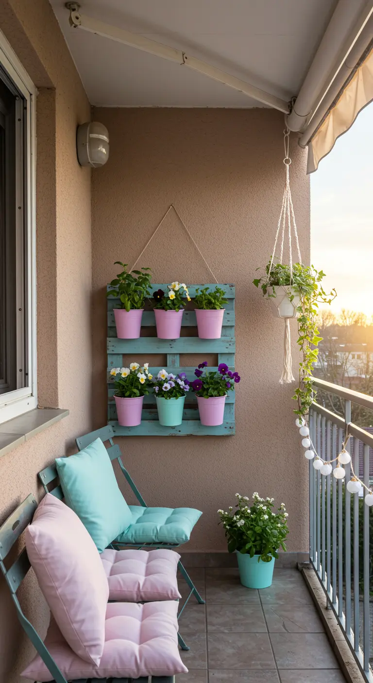 Jardin vertical DIY sur un balcon avec des pots de fleurs pastel roses et turquoise.