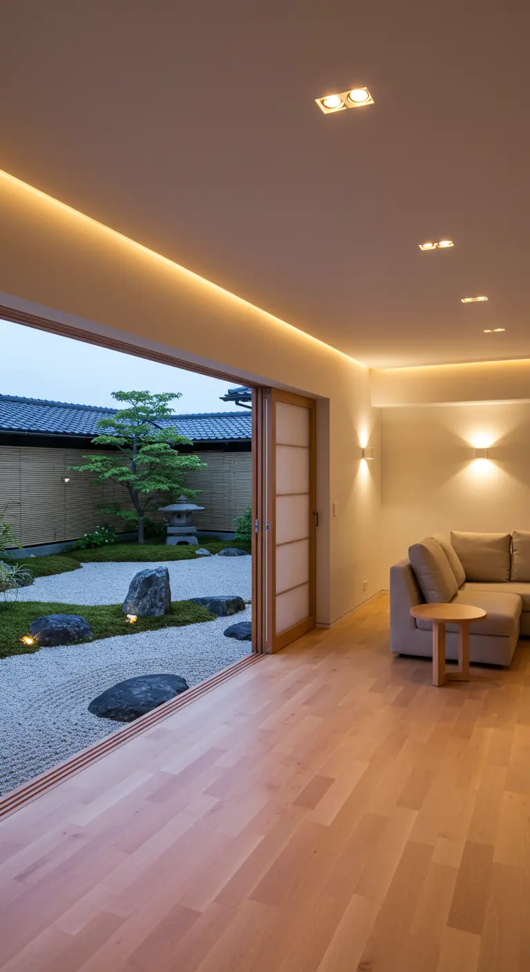 Salon Japandi avec large ouverture sur un jardin zen en gravier, canapé beige et éclairage intégré.