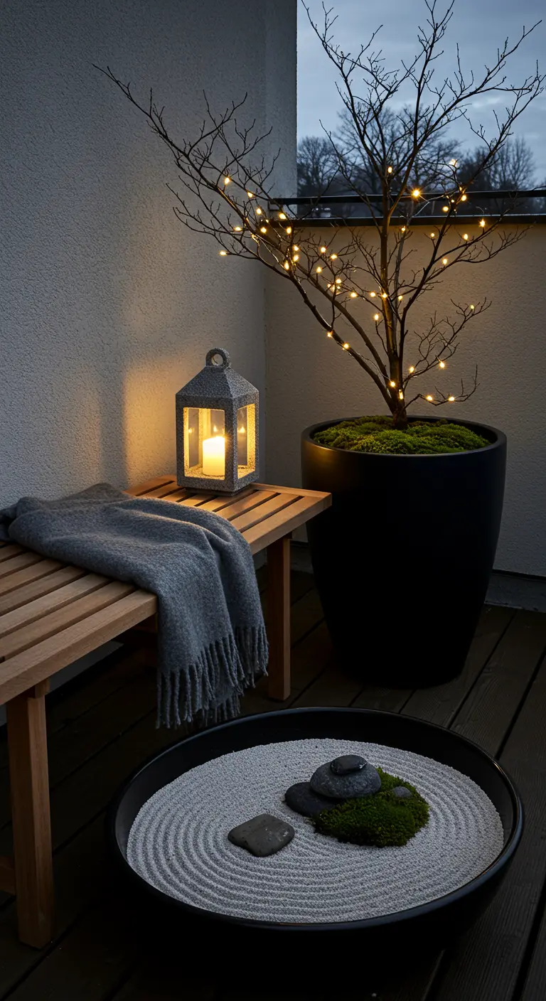Coin zen avec un arbre nu illuminé, un banc, une lanterne et un mini-jardin zen.