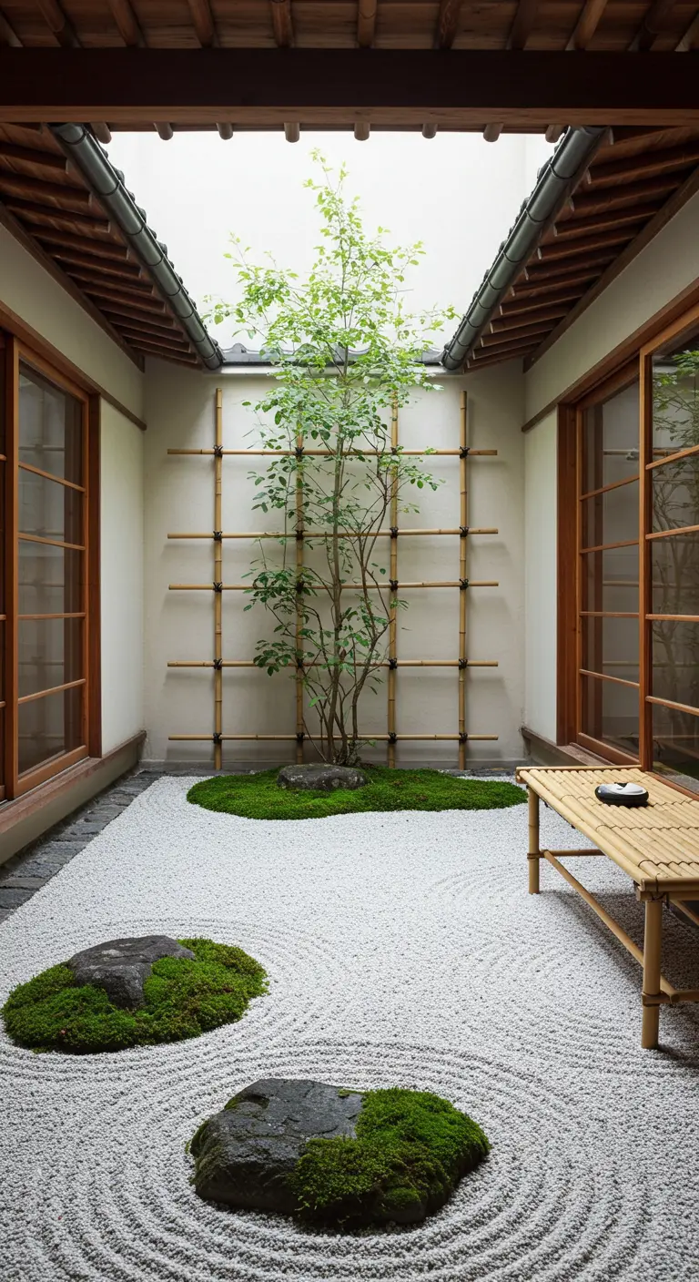 Jardin zen avec gravier ratissé, rochers moussus et un arbre.