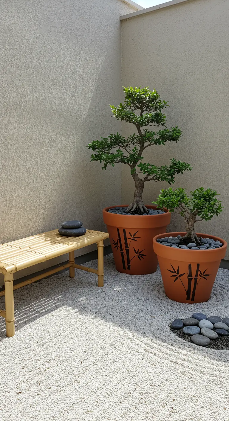 Coin zen avec des bonsaïs dans des pots peints, un banc en bambou et du sable blanc.