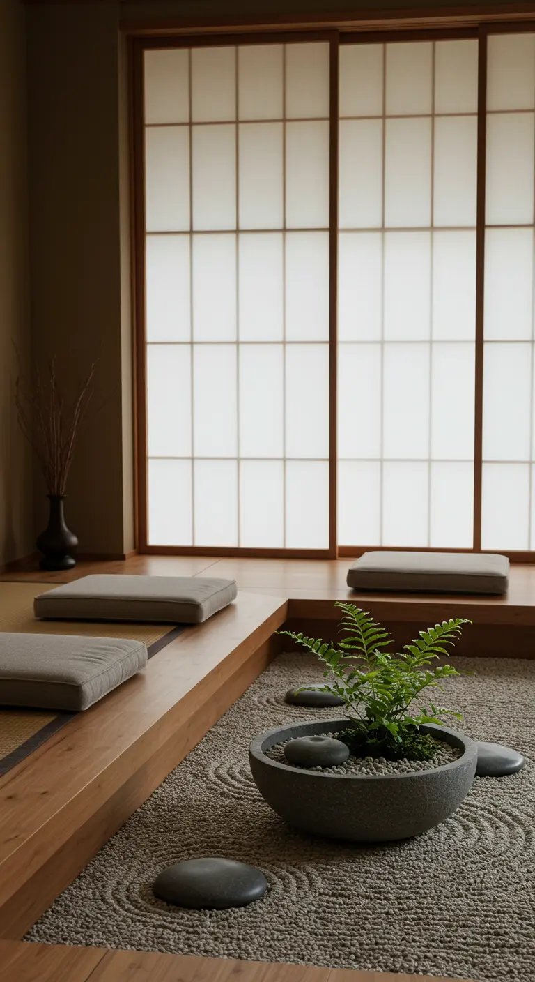 Un jardin zen miniature dans un plat en pierre avec du sable ratissé, des galets et une fougère.