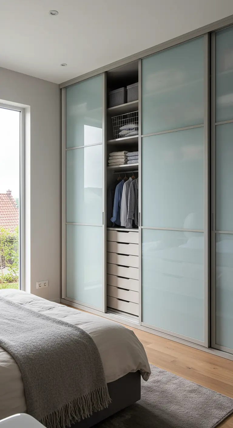 Armoire de chambre avec portes coulissantes en verre dépoli.