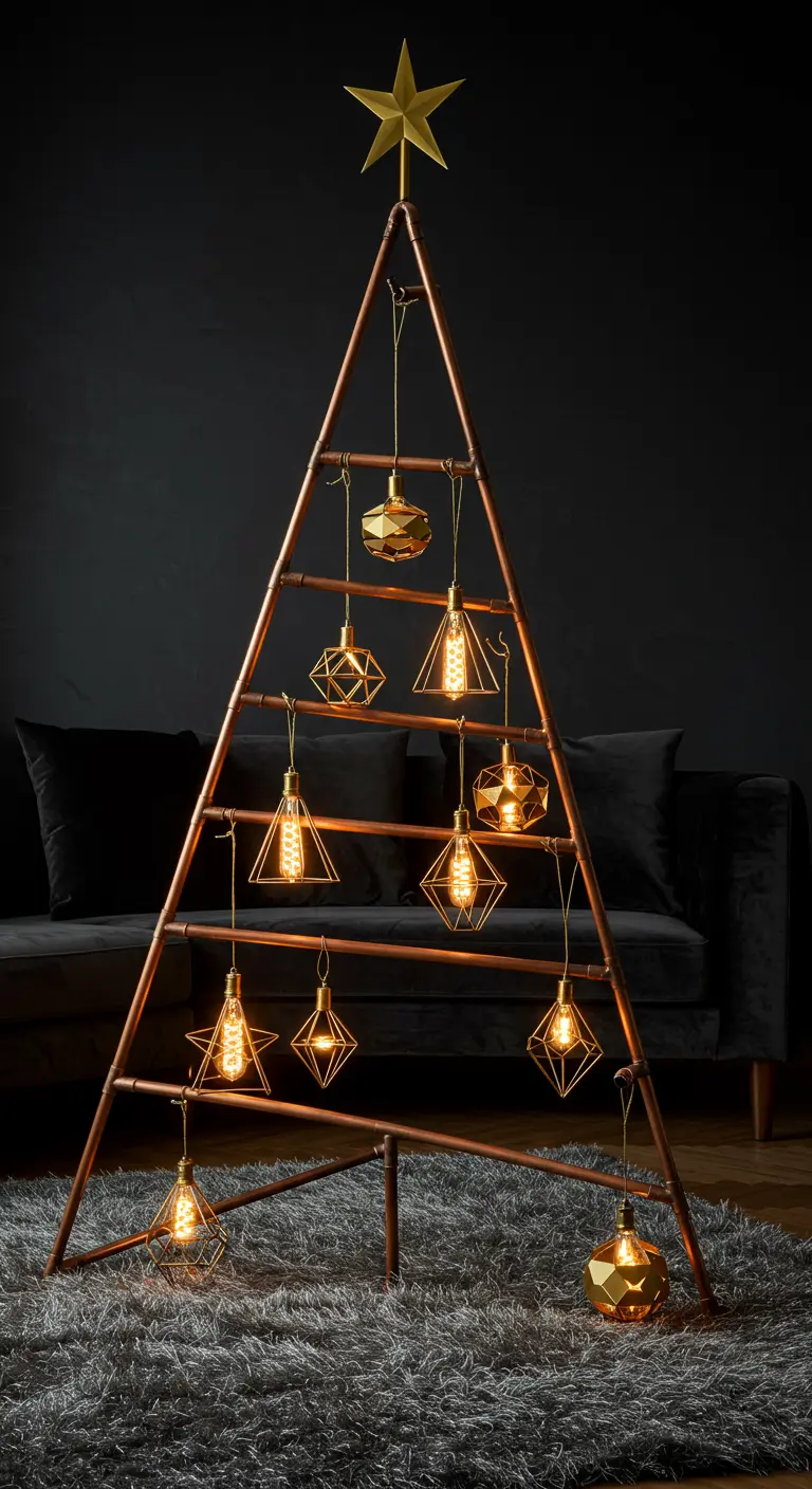 Sapin design en tuyaux de cuivre avec des ampoules Edison suspendues à l'intérieur.