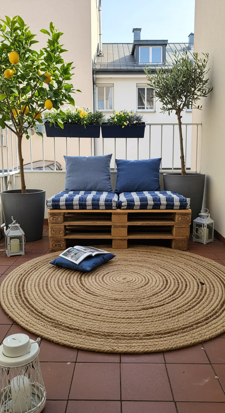 Balcon avec canapé palette, coussins rayés, tapis rond en jute et deux petits arbres.