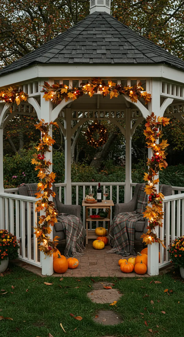 Kiosque de jardin décoré de guirlandes d'automne lumineuses et de plaids