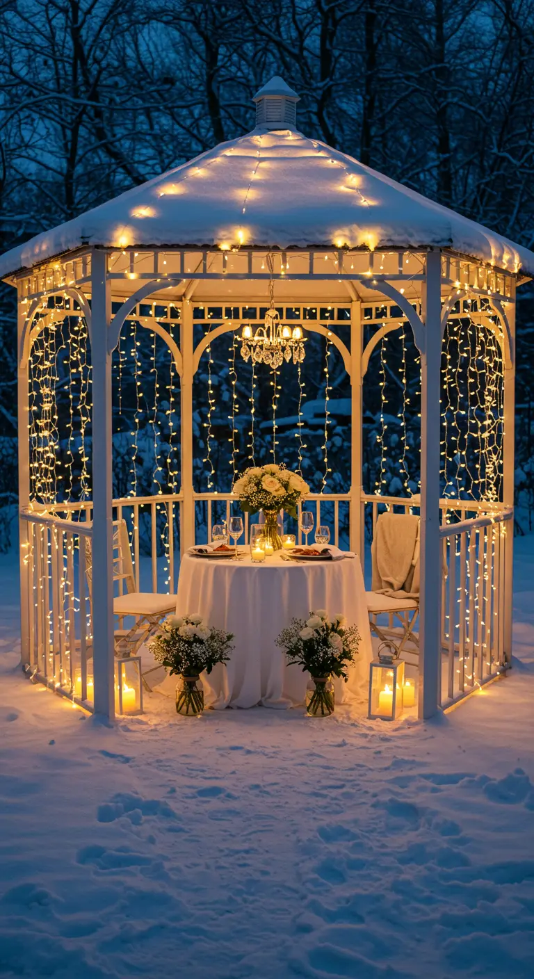 Kiosque de jardin illuminé et décoré pour un dîner romantique dans la neige.