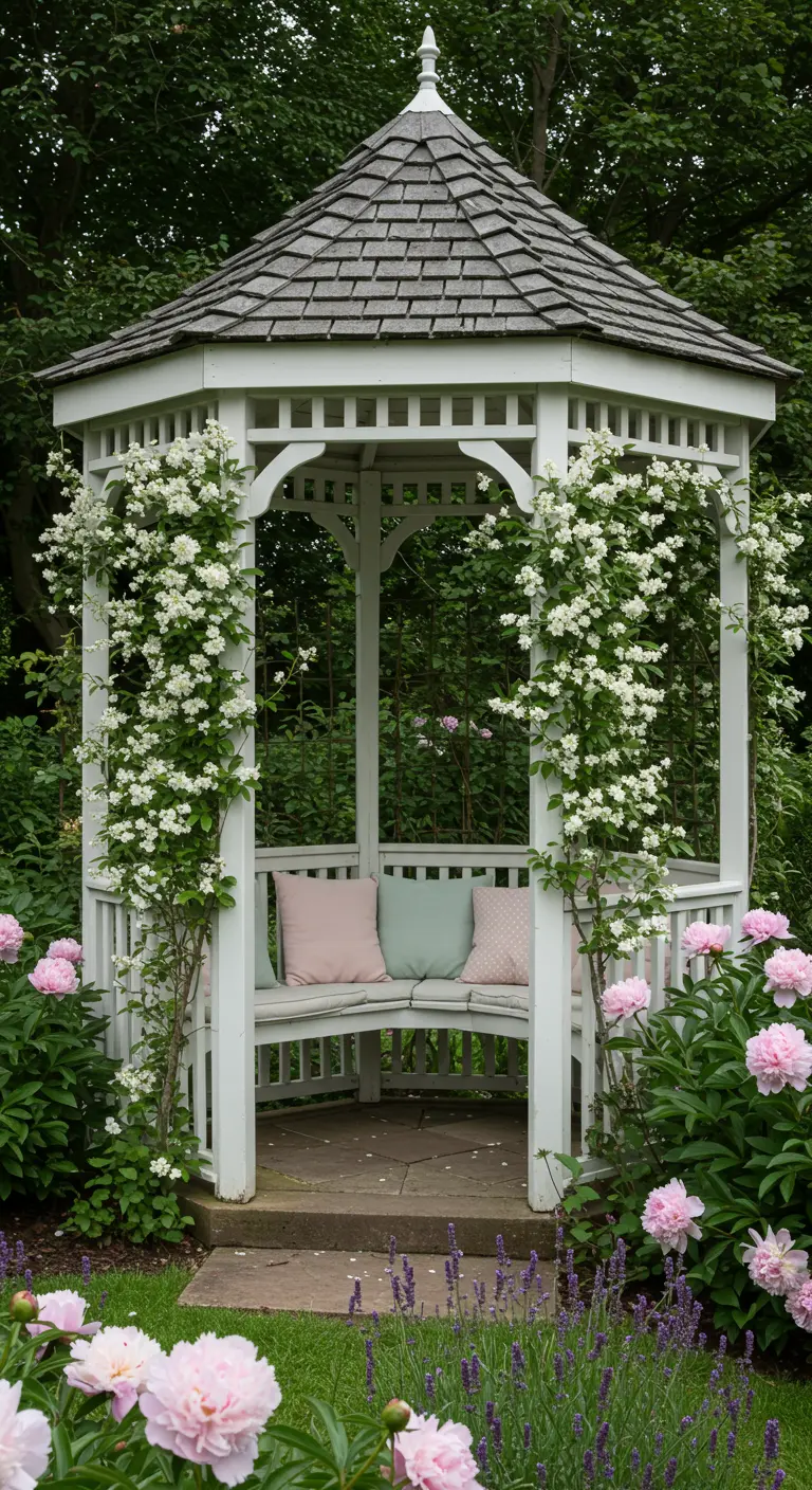 Kiosque de jardin blanc avec des clématites blanches et entouré de pivoines roses.
