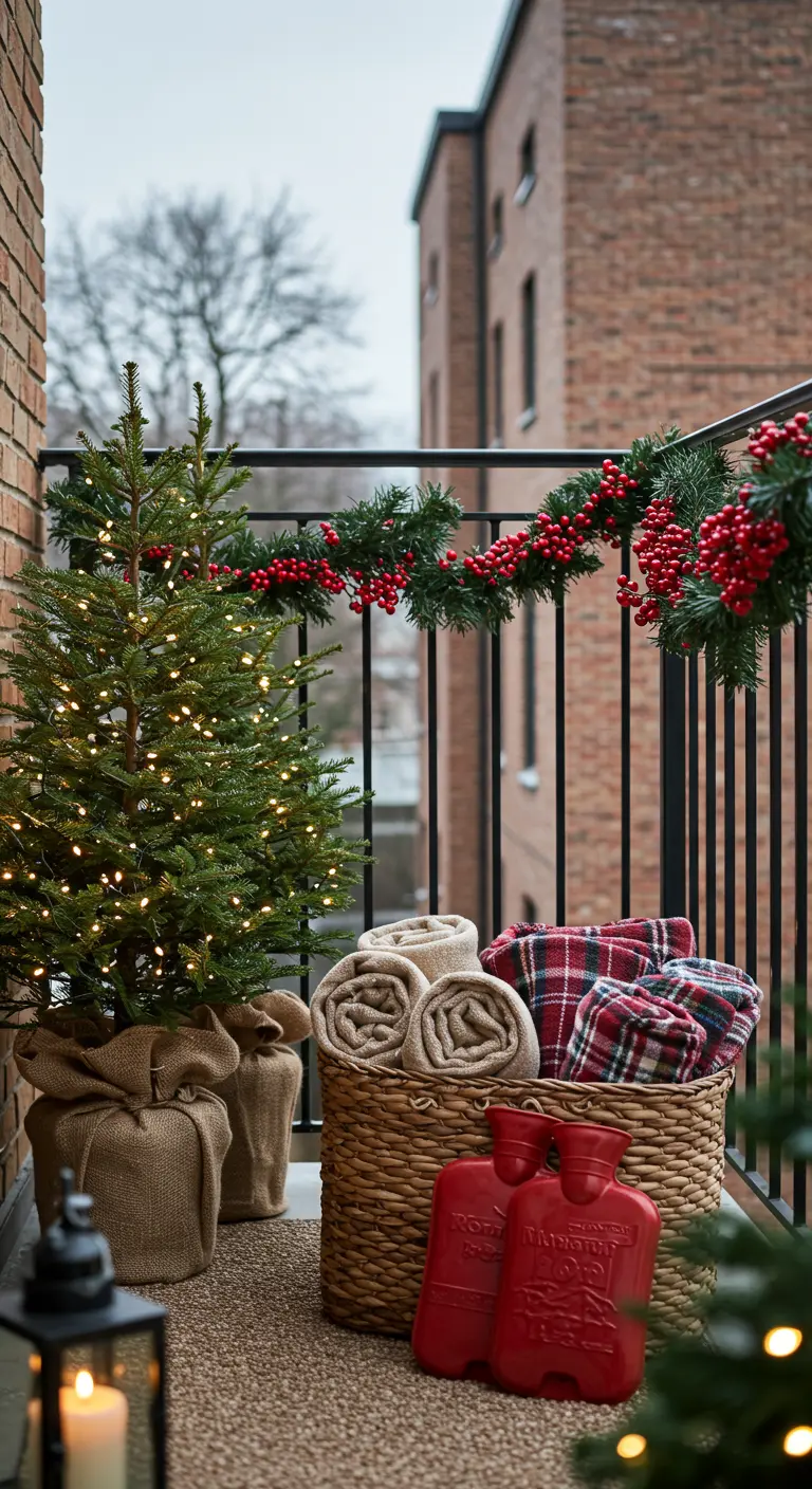 Petit sapin, panier de plaids et bouillottes sur un balcon urbain.