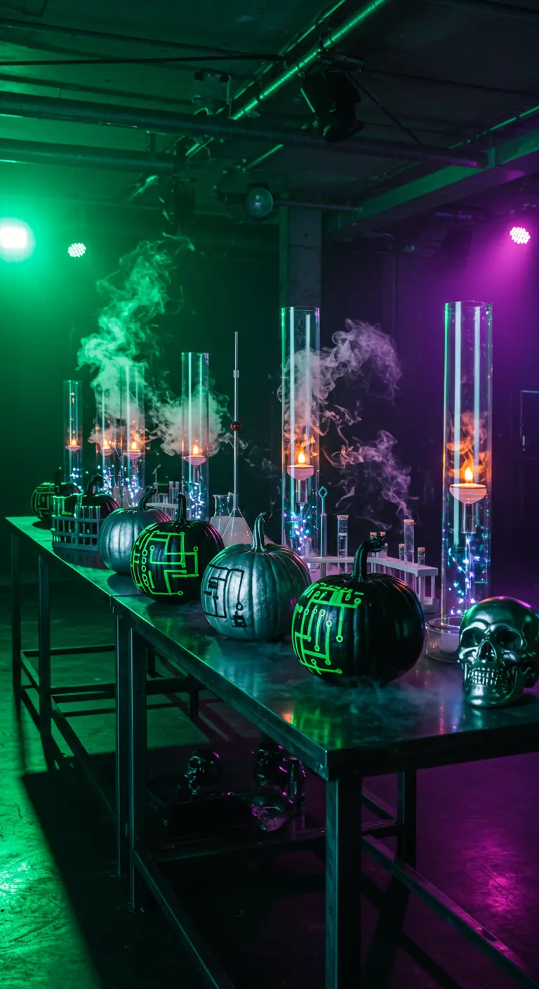 Table de laboratoire d'Halloween avec citrouilles cyber-punk, cylindres lumineux et crânes métalliques